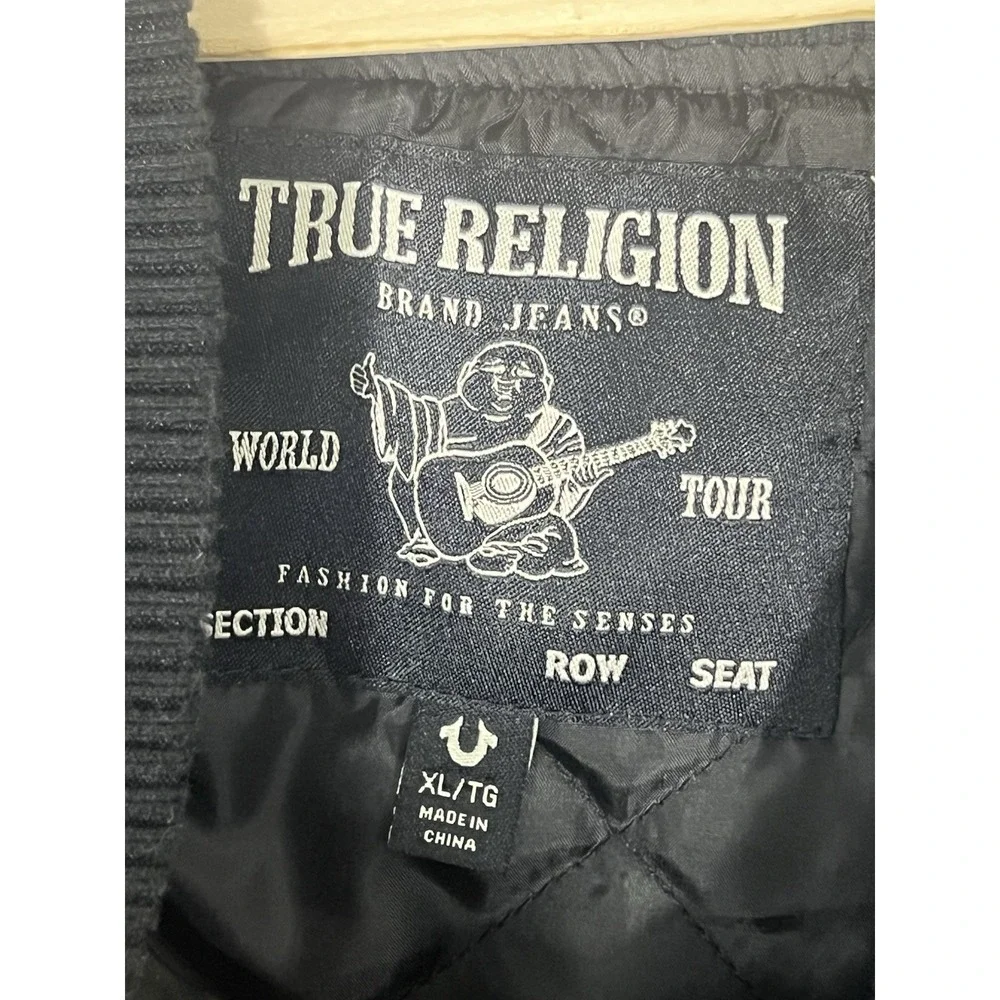 True Religion Mens Varsity Bomber Jacket Black Rhinestone Horseshoe Logo XL